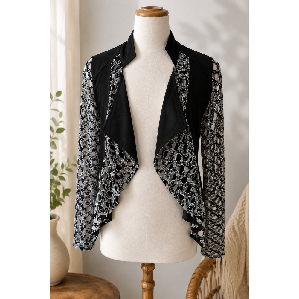 Joseph Ribkoff Black Silver Metallic Laser Cut Eyelet Bolero Jacket Womens 12